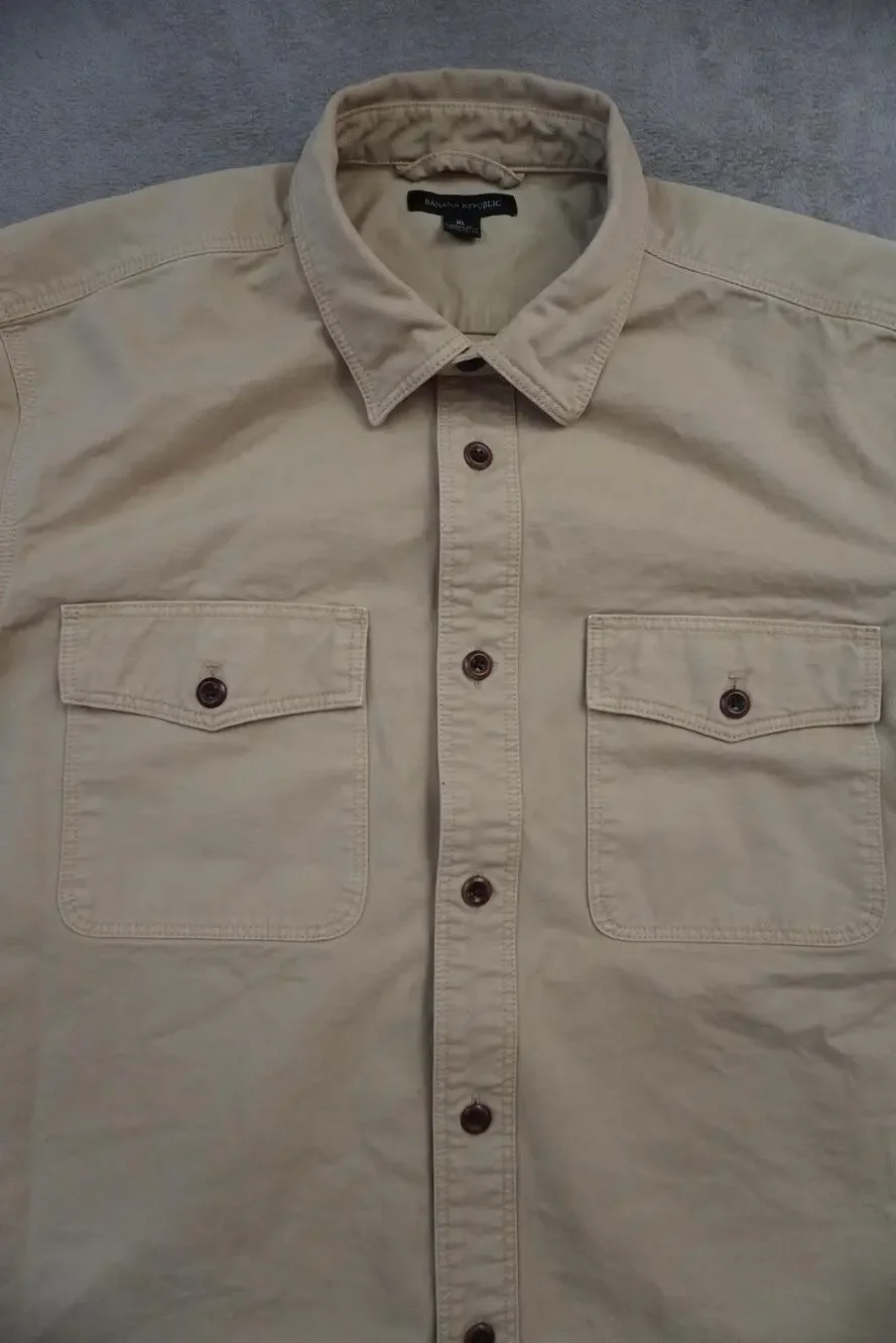 Banana Republic Shirt Mens XL Beige Heavy Twill Button Front Long Sleeve Shacket